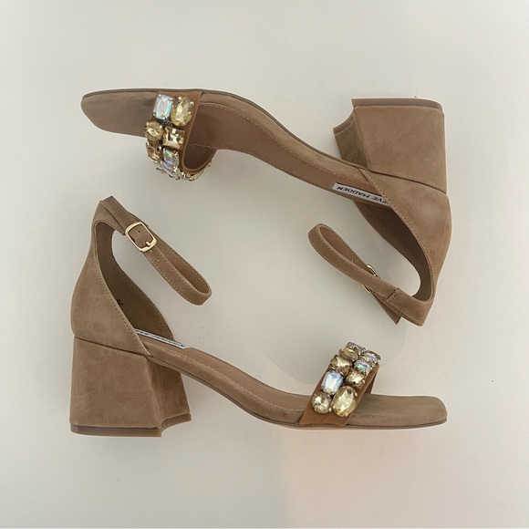 Steve Madden Tan Suede Malay Embellished Ankle Strap Block Heel Sandal New N Box - Picture 13 of 17